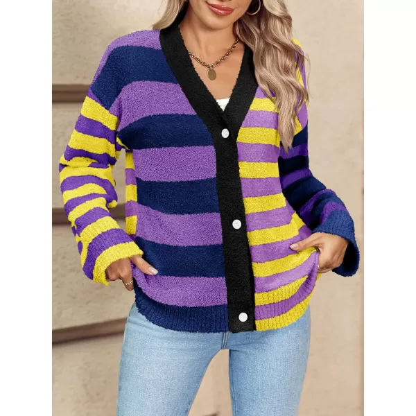 Saodimallsu Womens Striped Cardigan Sweaters V Neck Open Front Button Up Color Block Fuzzy Loose Knit CoatsPurple