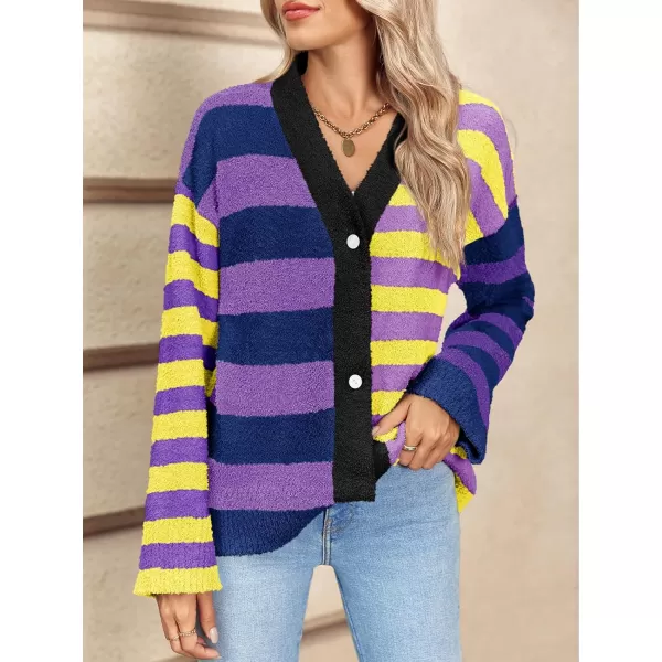 Saodimallsu Womens Striped Cardigan Sweaters V Neck Open Front Button Up Color Block Fuzzy Loose Knit CoatsPurple