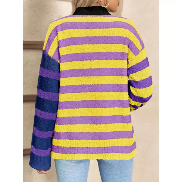 Saodimallsu Womens Striped Cardigan Sweaters V Neck Open Front Button Up Color Block Fuzzy Loose Knit CoatsPurple