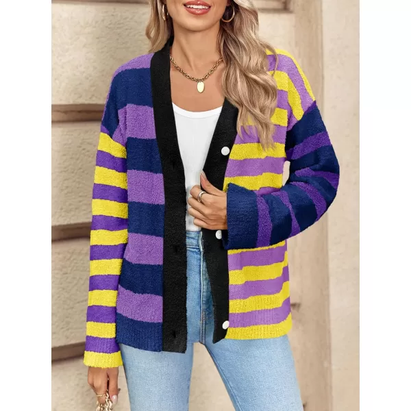 Saodimallsu Womens Striped Cardigan Sweaters V Neck Open Front Button Up Color Block Fuzzy Loose Knit CoatsPurple