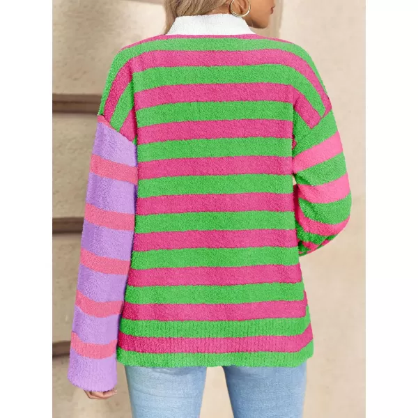 Saodimallsu Womens Striped Cardigan Sweaters V Neck Open Front Button Up Color Block Fuzzy Loose Knit CoatsRose Red