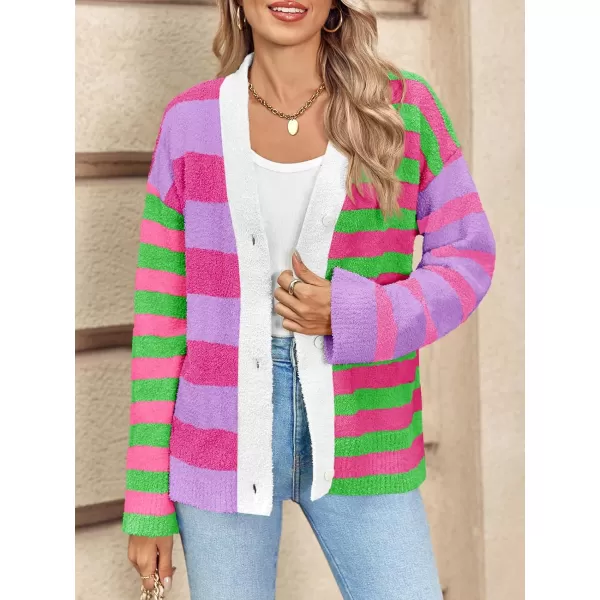 Saodimallsu Womens Striped Cardigan Sweaters V Neck Open Front Button Up Color Block Fuzzy Loose Knit CoatsRose Red