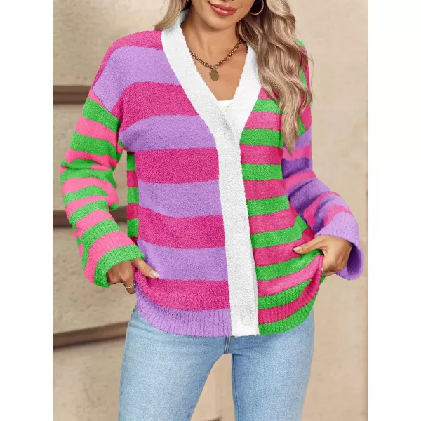 Saodimallsu Womens Striped Cardigan Sweaters V Neck Open Front Button Up Color Block Fuzzy Loose Knit CoatsRose Red