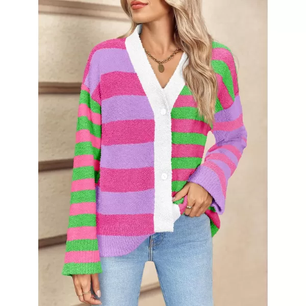 Saodimallsu Womens Striped Cardigan Sweaters V Neck Open Front Button Up Color Block Fuzzy Loose Knit CoatsRose Red