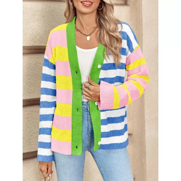 Saodimallsu Womens Striped Cardigan Sweaters V Neck Open Front Button Up Color Block Fuzzy Loose Knit CoatsStriped