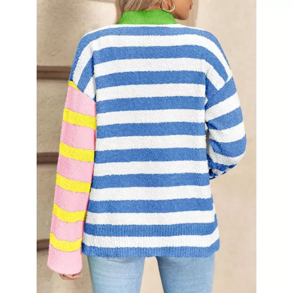 Saodimallsu Womens Striped Cardigan Sweaters V Neck Open Front Button Up Color Block Fuzzy Loose Knit CoatsStriped