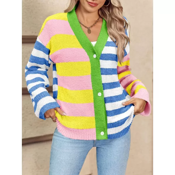 Saodimallsu Womens Striped Cardigan Sweaters V Neck Open Front Button Up Color Block Fuzzy Loose Knit CoatsStriped