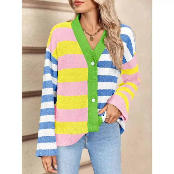 Saodimallsu Womens Striped Cardigan Sweaters V Neck Open Front Button Up Color Block Fuzzy Loose Knit CoatsStriped