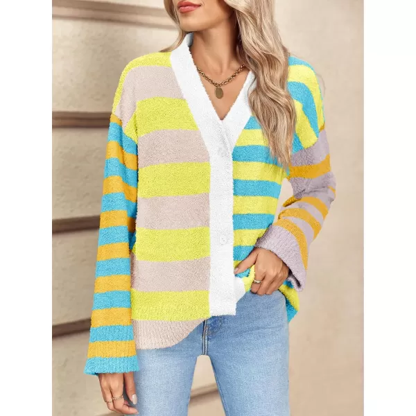 Saodimallsu Womens Striped Cardigan Sweaters V Neck Open Front Button Up Color Block Fuzzy Loose Knit CoatsYellow