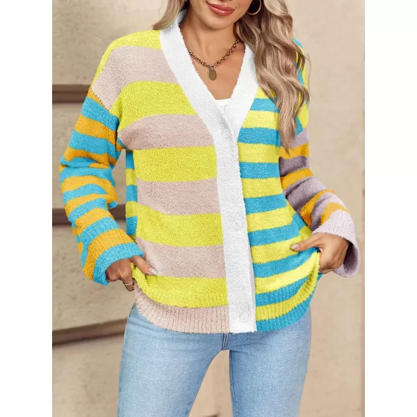 Saodimallsu Womens Striped Cardigan Sweaters V Neck Open Front Button Up Color Block Fuzzy Loose Knit CoatsYellow