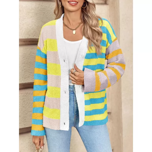 Saodimallsu Womens Striped Cardigan Sweaters V Neck Open Front Button Up Color Block Fuzzy Loose Knit CoatsYellow