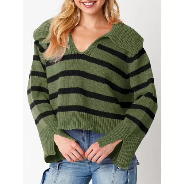 Saodimallsu Womens Striped Sweater V Neck Collared Fall Trendy Knitted Long Sleeve Loose Pullover SweatersArmy Green