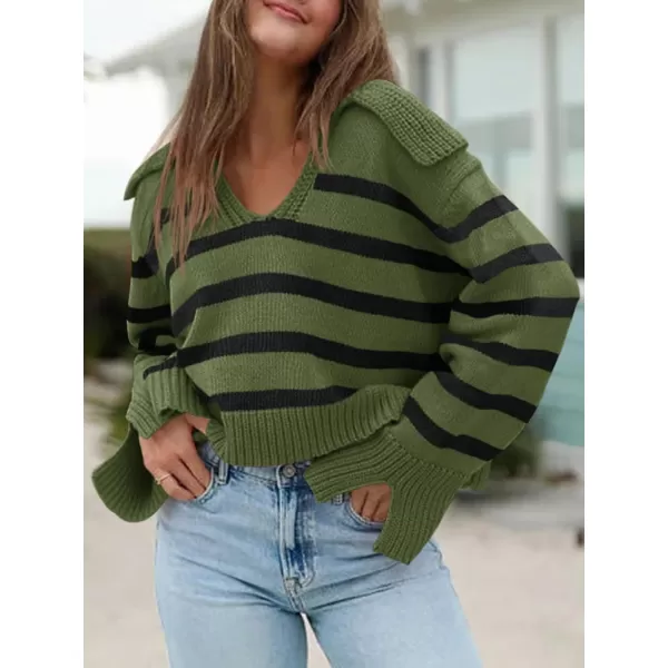 Saodimallsu Womens Striped Sweater V Neck Collared Fall Trendy Knitted Long Sleeve Loose Pullover SweatersArmy Green