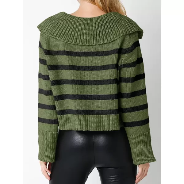 Saodimallsu Womens Striped Sweater V Neck Collared Fall Trendy Knitted Long Sleeve Loose Pullover SweatersArmy Green