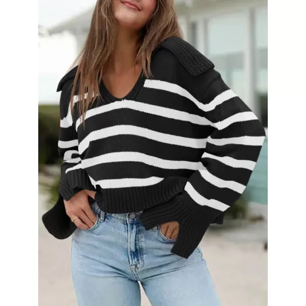 Saodimallsu Womens Striped Sweater V Neck Collared Fall Trendy Knitted Long Sleeve Loose Pullover SweatersBlack