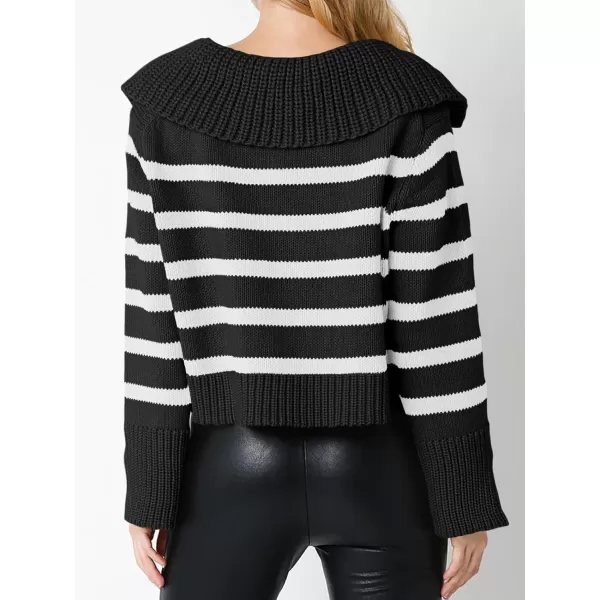 Saodimallsu Womens Striped Sweater V Neck Collared Fall Trendy Knitted Long Sleeve Loose Pullover SweatersBlack