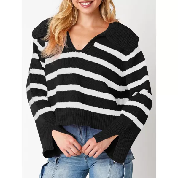 Saodimallsu Womens Striped Sweater V Neck Collared Fall Trendy Knitted Long Sleeve Loose Pullover SweatersBlack