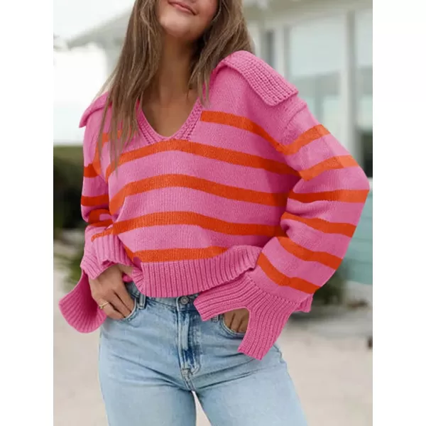 Saodimallsu Womens Striped Sweater V Neck Collared Fall Trendy Knitted Long Sleeve Loose Pullover SweatersDark Pink