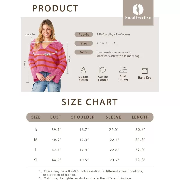 Saodimallsu Womens Striped Sweater V Neck Collared Fall Trendy Knitted Long Sleeve Loose Pullover SweatersDark Pink