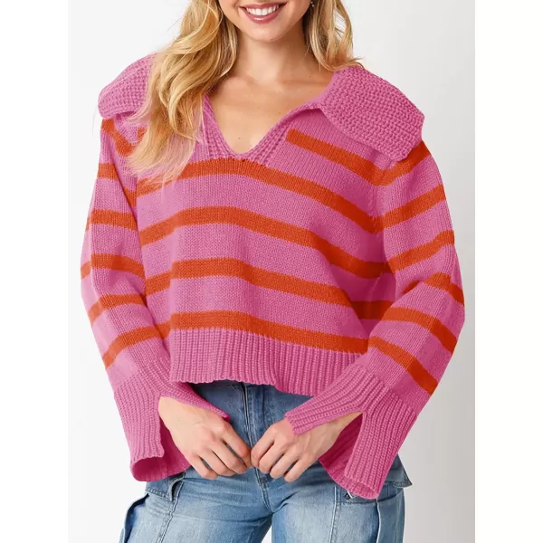 Saodimallsu Womens Striped Sweater V Neck Collared Fall Trendy Knitted Long Sleeve Loose Pullover SweatersDark Pink