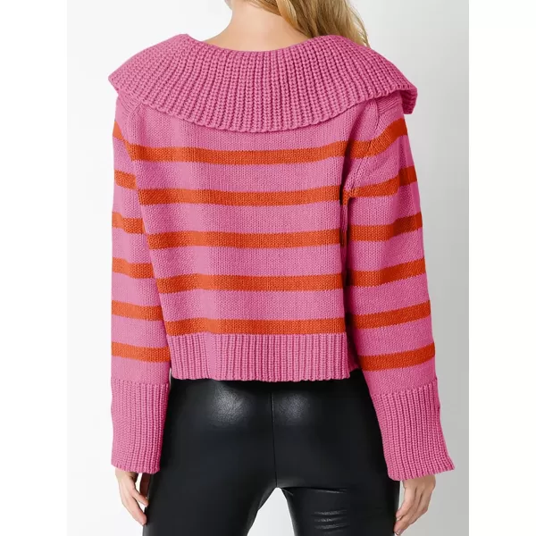 Saodimallsu Womens Striped Sweater V Neck Collared Fall Trendy Knitted Long Sleeve Loose Pullover SweatersDark Pink