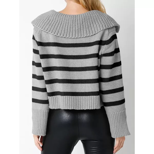 Saodimallsu Womens Striped Sweater V Neck Collared Fall Trendy Knitted Long Sleeve Loose Pullover SweatersGrey