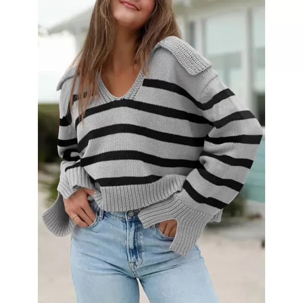 Saodimallsu Womens Striped Sweater V Neck Collared Fall Trendy Knitted Long Sleeve Loose Pullover SweatersGrey