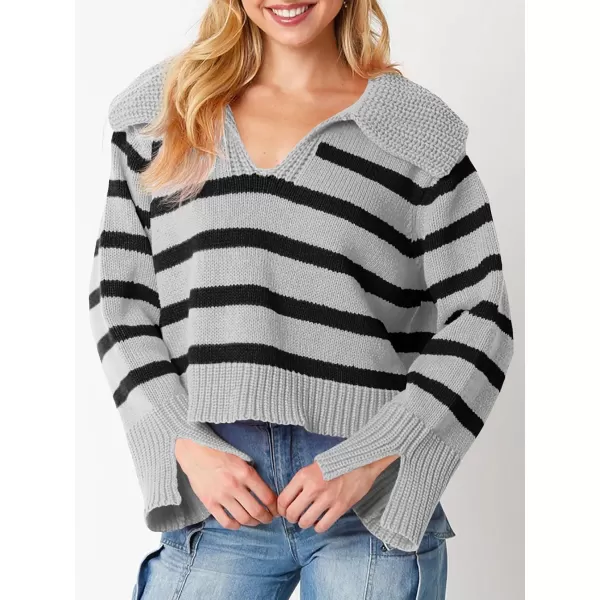 Saodimallsu Womens Striped Sweater V Neck Collared Fall Trendy Knitted Long Sleeve Loose Pullover SweatersGrey