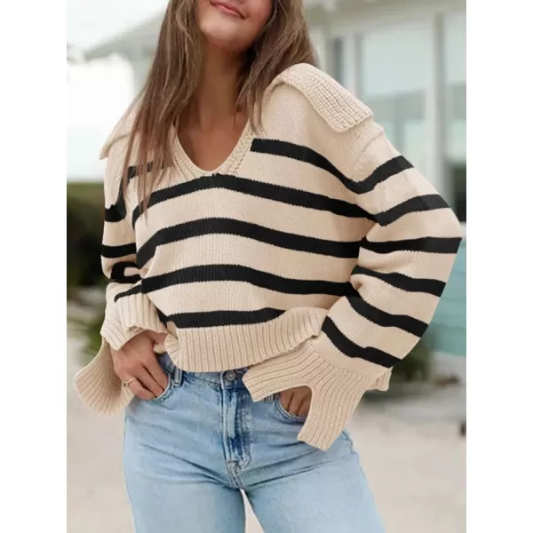 Saodimallsu Womens Striped Sweater V Neck Collared Fall Trendy Knitted Long Sleeve Loose Pullover SweatersKhaki