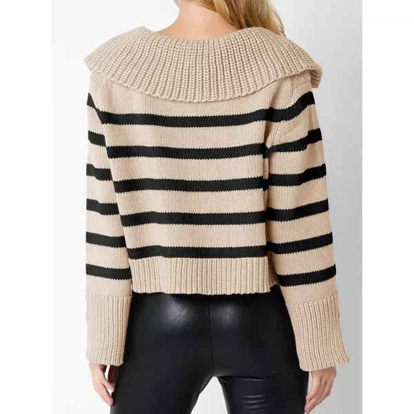 Saodimallsu Womens Striped Sweater V Neck Collared Fall Trendy Knitted Long Sleeve Loose Pullover SweatersKhaki