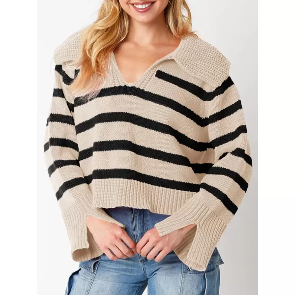 Saodimallsu Womens Striped Sweater V Neck Collared Fall Trendy Knitted Long Sleeve Loose Pullover SweatersKhaki