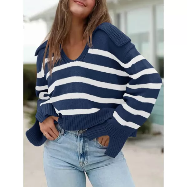 Saodimallsu Womens Striped Sweater V Neck Collared Fall Trendy Knitted Long Sleeve Loose Pullover SweatersNavy