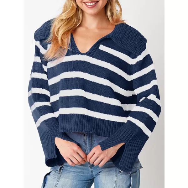 Saodimallsu Womens Striped Sweater V Neck Collared Fall Trendy Knitted Long Sleeve Loose Pullover SweatersNavy