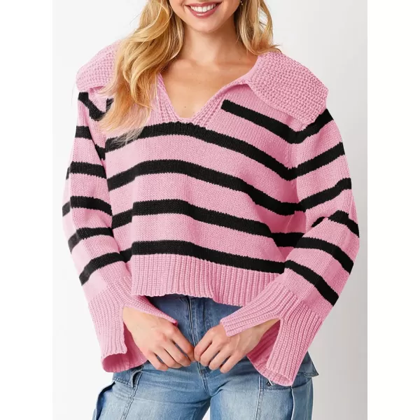 Saodimallsu Womens Striped Sweater V Neck Collared Fall Trendy Knitted Long Sleeve Loose Pullover SweatersPink