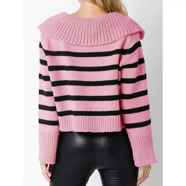 Saodimallsu Womens Striped Sweater V Neck Collared Fall Trendy Knitted Long Sleeve Loose Pullover SweatersPink