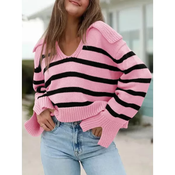 Saodimallsu Womens Striped Sweater V Neck Collared Fall Trendy Knitted Long Sleeve Loose Pullover SweatersPink