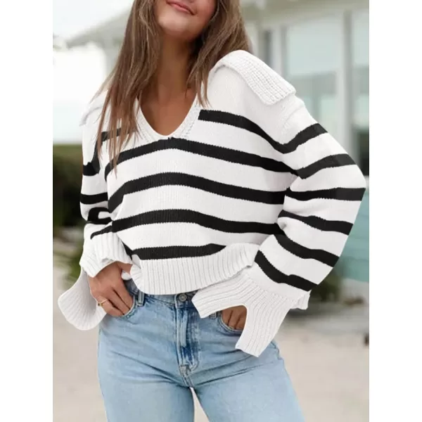 Saodimallsu Womens Striped Sweater V Neck Collared Fall Trendy Knitted Long Sleeve Loose Pullover SweatersWhite