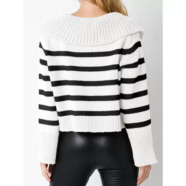 Saodimallsu Womens Striped Sweater V Neck Collared Fall Trendy Knitted Long Sleeve Loose Pullover SweatersWhite