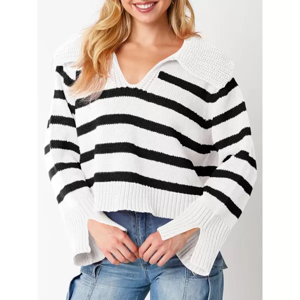 Saodimallsu Womens Striped Sweater V Neck Collared Fall Trendy Knitted Long Sleeve Loose Pullover SweatersWhite