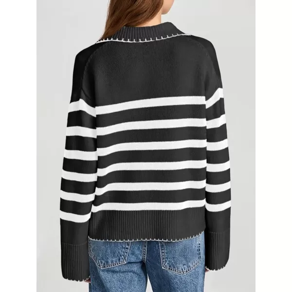 Saodimallsu Womens Striped Sweaters V Neck Collared 2024 Fall Trendy Knit Long Sleeve Loose Pullover SweatersBlack