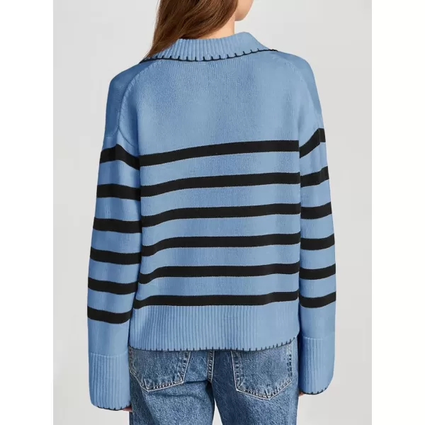 Saodimallsu Womens Striped Sweaters V Neck Collared 2024 Fall Trendy Knit Long Sleeve Loose Pullover SweatersBlue