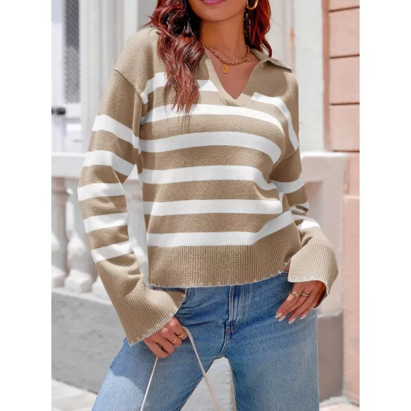 Saodimallsu Womens Striped Sweaters V Neck Collared 2024 Fall Trendy Knit Long Sleeve Loose Pullover SweatersKhaki