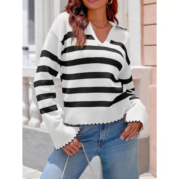 Saodimallsu Womens Striped Sweaters V Neck Collared 2024 Fall Trendy Knit Long Sleeve Loose Pullover SweatersWhite