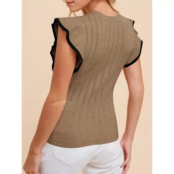 Saodimallsu Womens Summer Sleeveless Sweaters Vest Slimming Crewneck Cable Knit Ruffle Sweater Tank Tops Casual Work TopsBrown