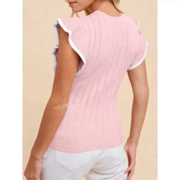 Saodimallsu Womens Summer Sleeveless Sweaters Vest Slimming Crewneck Cable Knit Ruffle Sweater Tank Tops Casual Work TopsPink