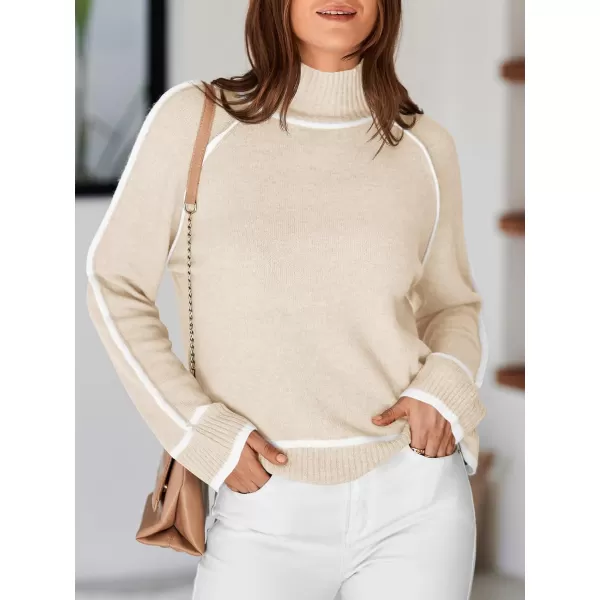 Saodimallsu Womens Turtle Mock Neck Pullover Sweater Color Block 2024 Fall Trendy Casual Knit Loose Long Sleeve SweatersApricot