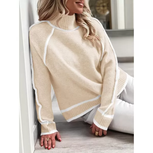 Saodimallsu Womens Turtle Mock Neck Pullover Sweater Color Block 2024 Fall Trendy Casual Knit Loose Long Sleeve SweatersApricot