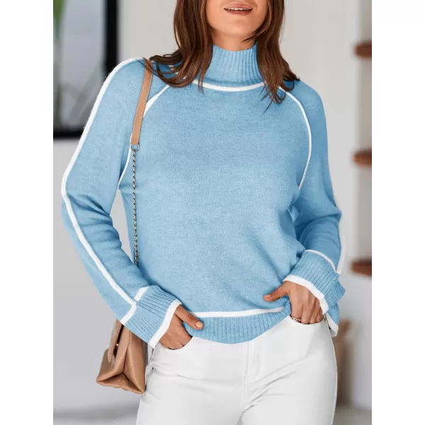 Saodimallsu Womens Turtle Mock Neck Pullover Sweater Color Block 2024 Fall Trendy Casual Knit Loose Long Sleeve SweatersBlue