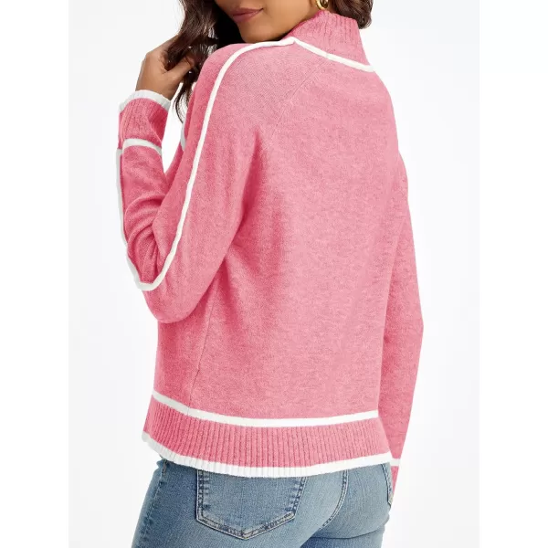 Saodimallsu Womens Turtle Mock Neck Pullover Sweater Color Block 2024 Fall Trendy Casual Knit Loose Long Sleeve SweatersBright Pink