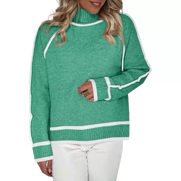 Saodimallsu Womens Turtle Mock Neck Pullover Sweater Color Block 2024 Fall Trendy Casual Knit Loose Long Sleeve SweatersGreen